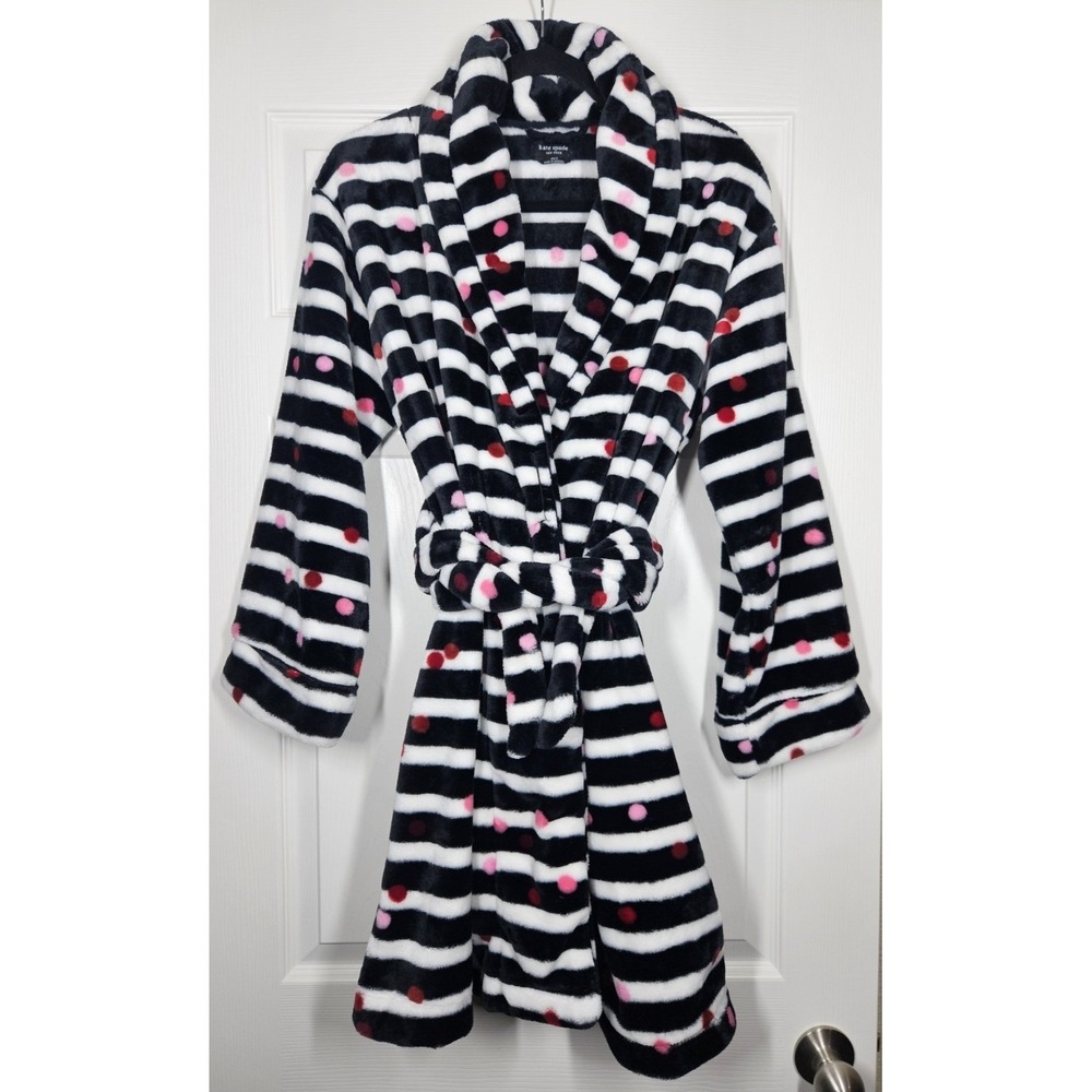 Kate Spade Short Plush Robe XS/S Wrap Tie Pockets Polka Dot Striped Soft Cozy